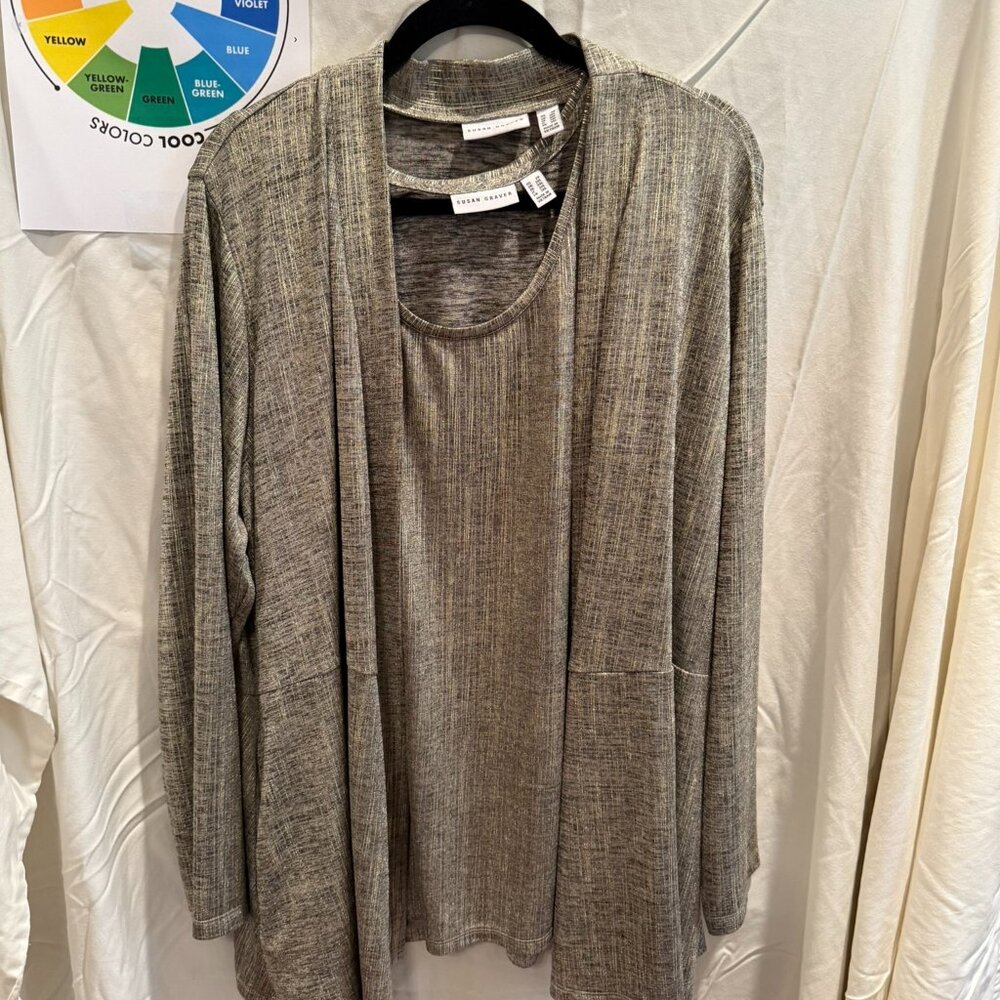 Susan Graver Metallic Gold Jacket and Tank Set, 2X